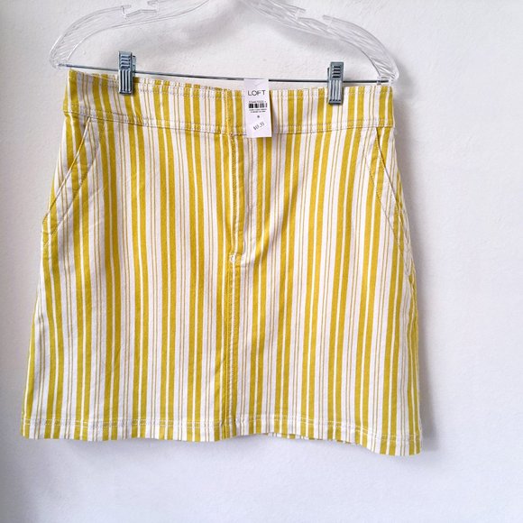LOFT Mini Skirt Striped Yellow/ White Front/Back Pockets Size 8 NWT - Picture 1 of 10